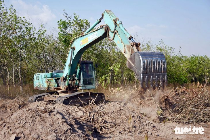 Chi phí giải phóng mặt bằng cao tốc Biên Hòa - Vũng Tàu qua Đồng Nai tăng hơn 2.000 tỉ đồng- Ảnh 1. Nhà thầu thi công giải phóng mặt bằng đất cao su tại dự án thành phần 2 - Ảnh: A LỘC